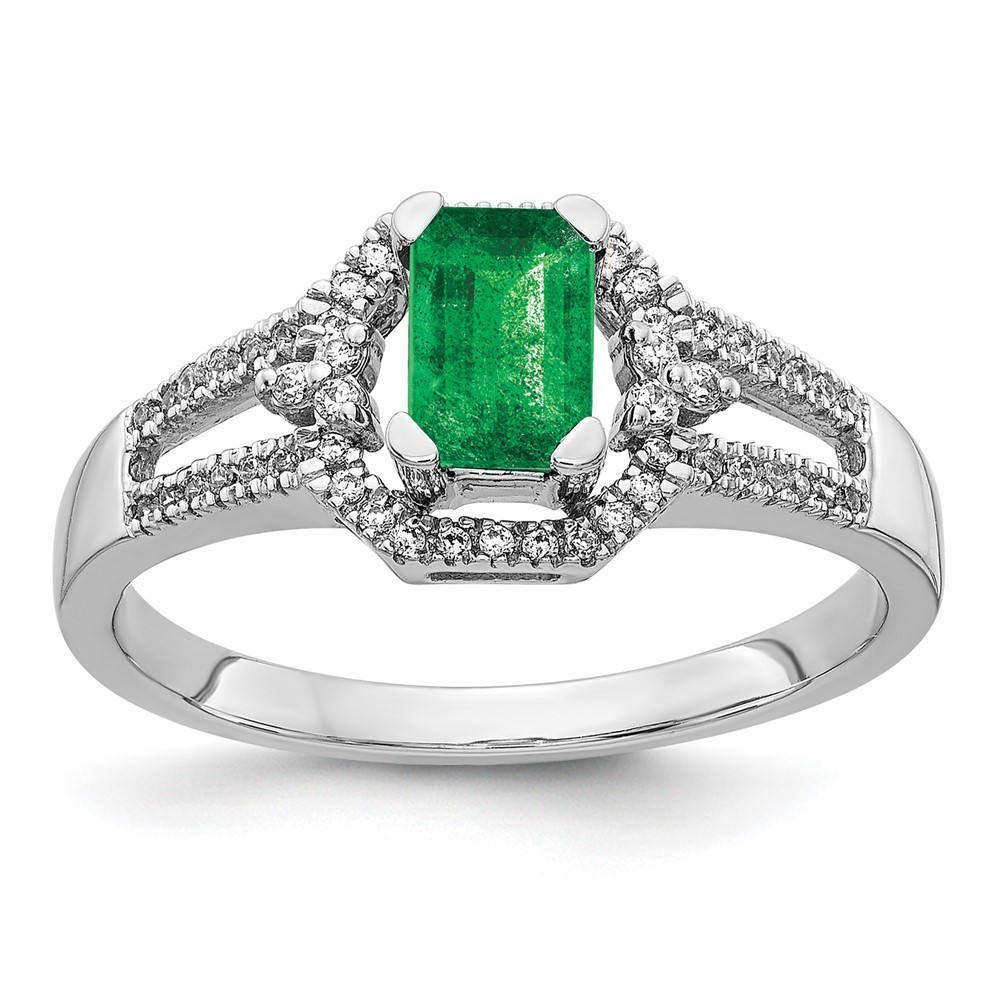 Million Charms 14k White Gold Diamond and Green Emerald Ring, Size 7